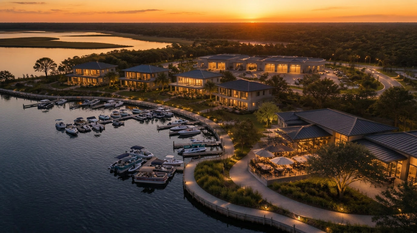 Marina basin at dusk with living seawall promenade